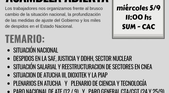 APCNEAN convoca a asamblea abierta por la situación del sector nuclear y el ajuste del gobierno