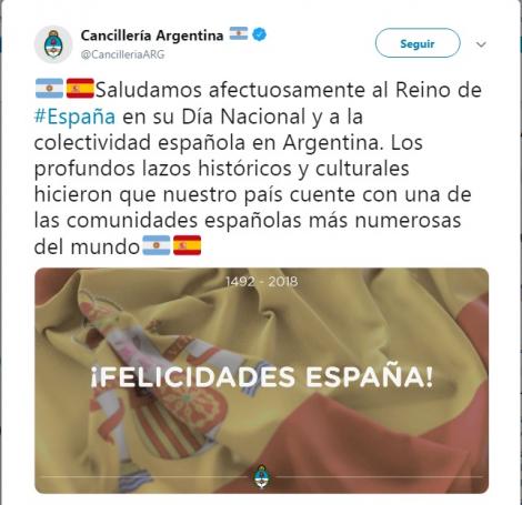 Un tuit de tiempos de la colonia: Cancillería saludó a España por el 12 de octubre