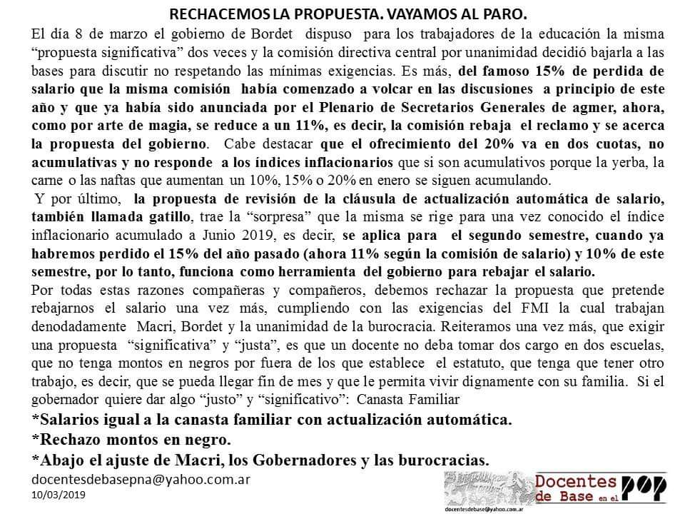 Rechacemos la propuesta, vayamos al paro (Docentes Paraná)