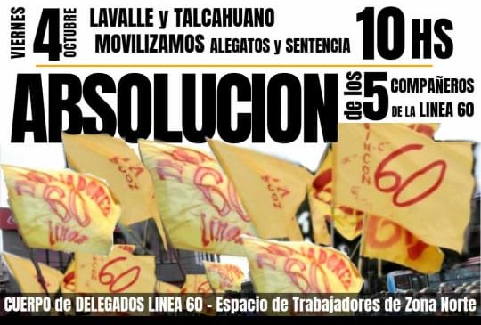 Línea 60: convocan de urgencia a movilizar por la absolución de 5 trabajadores