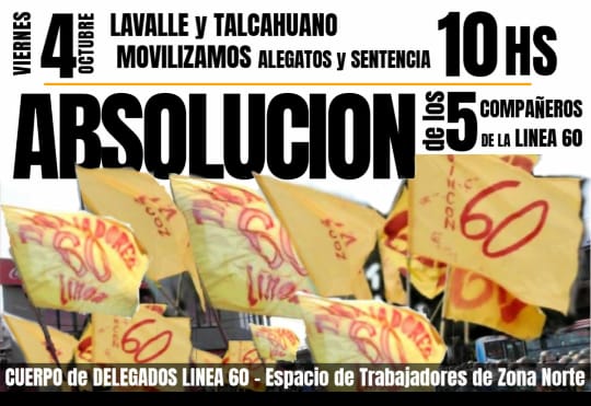 Línea 60: convocan de urgencia a movilizar por la absolución de 5 trabajadores