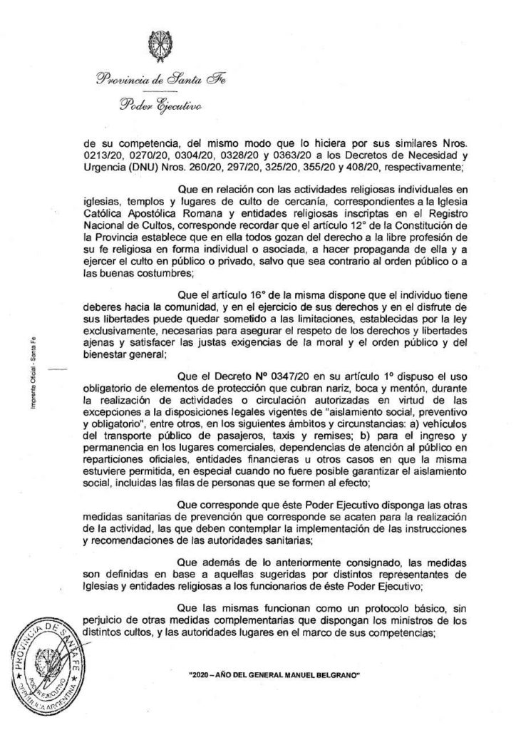 [ SANTA FE – NORMATIVA ] – Apertura y actividades religiosas individuales en iglesias, templos y lugares de culto de cercanía … en la PROVINCIA DE SANTA FE a partir del DECRETO Nº 0449 (27/05/2.020) …