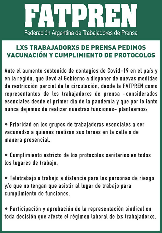 Lxs trabajadorxs de prensa pedimos vacunación y cumplimiento de protocolos