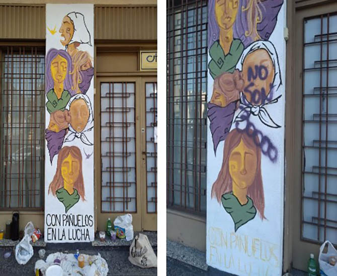 Repudian las pintadas sobre un mural en el Colegio de Trabajadores Sociales de La Matanza